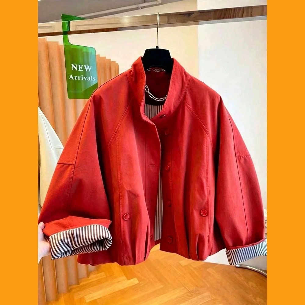 Red Stand Collar Striped Cuff Button Front Cropped Windbreaker Jacket